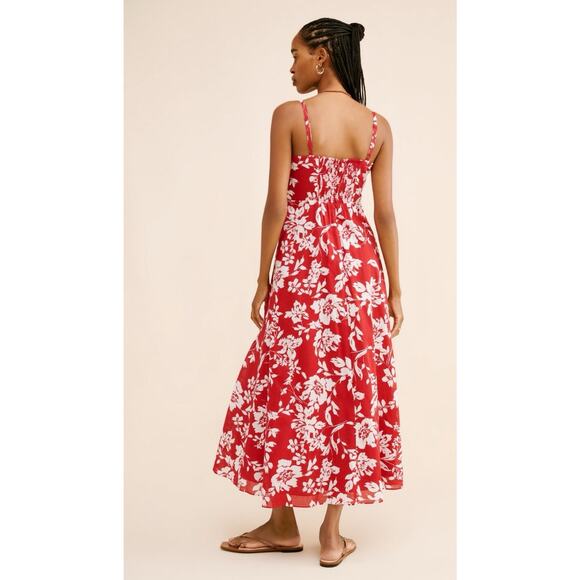 MADEWELL Womens 6 Red Floral Adjustable Straps Square Neck Smock Back MIDI Dress - Picture 2 of 11